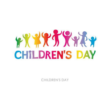Happy Children's Day. Bright multicolored flat design of social logo. Colorful silhouettes of happy kids Vector inscription and funny kids.のイラスト素材