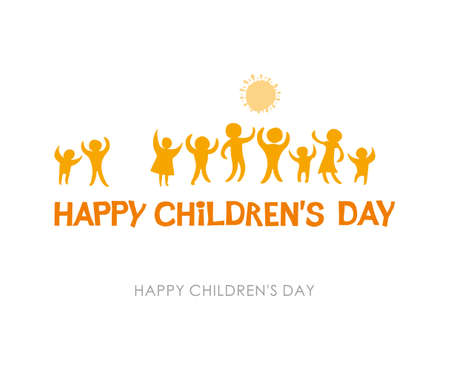 Happy Children's Day. Sunny yellow flat design of social logo. Silhouettes of joyful kids Vector inscription and funny kids.のイラスト素材
