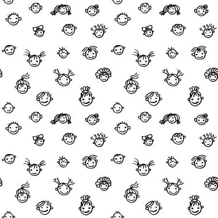 Seamless pattern of funny faces of children. Happy Children. Doodle illustration drawn by black felt pen. Children Art style sketch. Vector funny baby faces.のイラスト素材