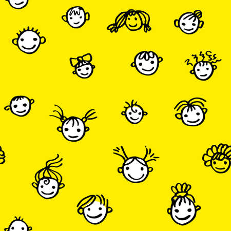 Seamless pattern of smiling faces kids. Happy childrens. International Children's Day illustration drawn by colored felt-tip pens. Children art. Vector funny baby faces.のイラスト素材