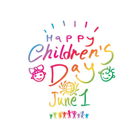 Happy Children's Day. Bright multicolored hand logo line. International Children's Day. Vector inscription and funny kids.のイラスト素材