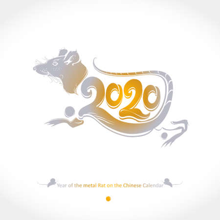 Year of the Metal Rat 2020 on the Chinese Calendar. Drawn rat golden 2020 and tail. New Year greeting template. Vector illustration.のイラスト素材
