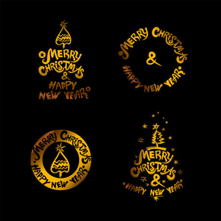 Merry Christmas & Happy New Year! Gold holiday labels on a black background a set of four templates. Christmas tree and stars. Set of four vector templates for the New Year design.のイラスト素材