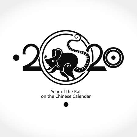 Stylish template 2020 with a cute rat. 2020 flat vector template with running mouse in a circle. Chinese New Year of the Rat. Happy New Year. Wise Rat 2020. New Year on the Chinese calendar.のイラスト素材