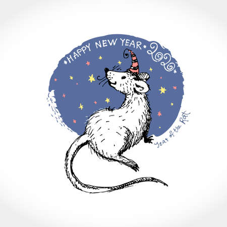 Cute hand drawn illustration with beautiful white rat on a background of the starry New Year sky. Greeting vector card for Happy New Year congratulations. Year of the Rat 2020. Monochrome mice vector sketch in retro style.のイラスト素材