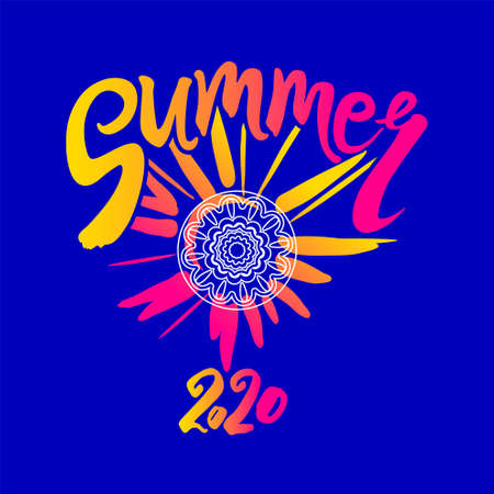 Vector template Summer 2020. Bright rays of the sun, an inscription by hand and a circle of ethnic...