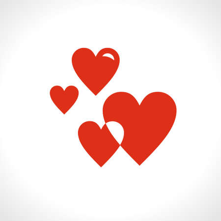 Red hearts. Flat vector template of four hearts of different sizes of the same shape. Two hearts intersect.のイラスト素材
