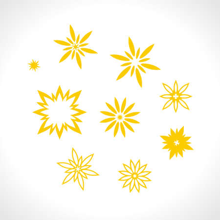 Set of flat vector star shape patterns. Different yellow stars rays for design use.のイラスト素材