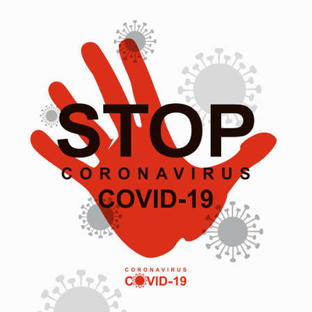 STOP Coronavirus COVID-19. Red palm hand warning print. Inscription biological hazard risk  symbol. Vector information template.のイラスト素材