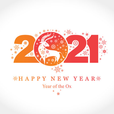 Year of the Ox 2021. Vector template New Year's design on the Chinese calendar. White buffalo 2021 against the background of 2021 and snowflakes.のイラスト素材