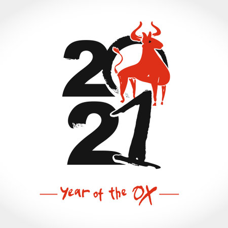 Vector sketch illustration. Year of the Ox 2021. Chinese New Year. Calligraphy card black and red.のイラスト素材