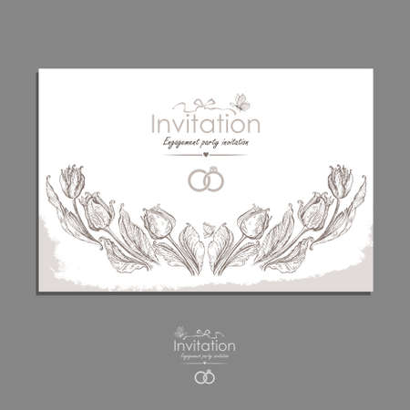 Invitation. Engagement invitation. Vector postcard template in vintage style with painted tulips and butterflies.のイラスト素材