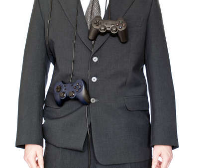 Businessman with game pad isolated on white background 