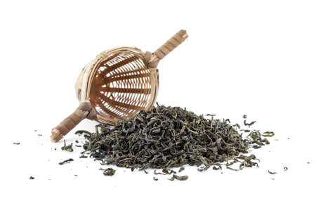 Green tea with sieve isolated on whiteの写真素材