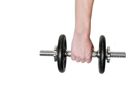 Man hand holding Weight on white backgroundの写真素材