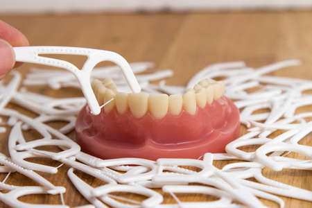 Set of false teeth surrounded by dental floss with a person holding one plastic frame with the floss in position over the teeth for cleaningの写真素材