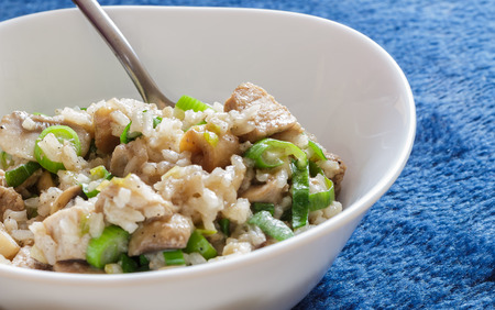Pork and mushroom Stroganoff with rice on a blue background detailの写真素材