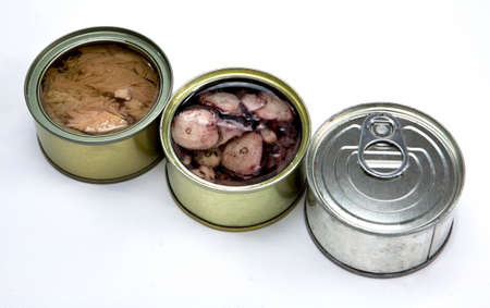 Tins of different sizes, tuna in oil, octopus in vegetable oil and a tin closedの写真素材