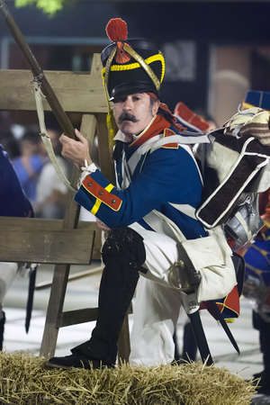 French soldiers firing from a barricade during the Representation of the Battle of Bailen, Bailen,  Jaen province, Andalusia, Spainのeditorial素材