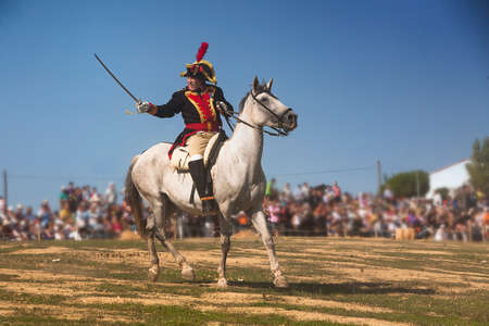 French General on horseback indicating troops attack on the battlefield in Representation of the Battle of Bailen, Bailen,  Jaen province, Andalusia, Spainのeditorial素材