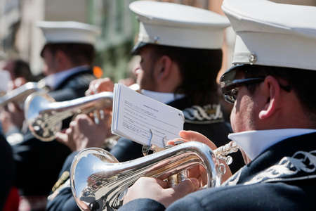 Brass band musicians, Palm Sunday, this band wears the uniform of Captain of Squad of the Royal...