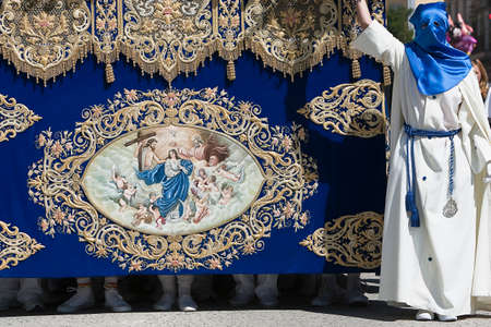 Throne of the Virgin Mary or called palio, embroidered in blue velvet with gold thread, biblical...