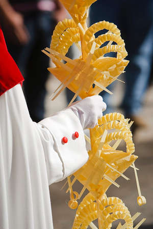 Detail penitent  holding a palm during Holy Week on Palm sunday, Spain