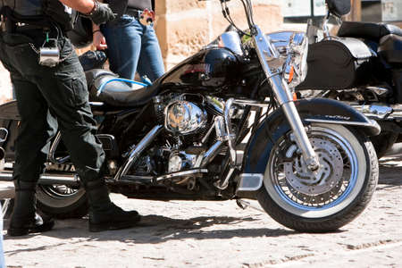 Motorbike's chromed engine. Bikes in a streetのeditorial素材