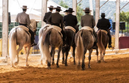 Group of horsemen riding on their backs after dressage exhibition denim in Andujar, Jaen province, Andalucia, Spainの写真素材