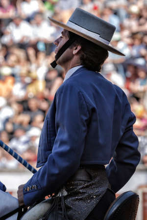 Pozoblanco, Corodoba province, SPAIN- 25 september 2011  Spanish bullfighter on horseback Pablo Hermoso de Mendoza bullfighting on horseback ooking attentively at the bull to start the third of banderillas in Pozoblanco, Cordoba province, Andalusia, Spainのeditorial素材