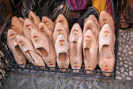 Moorish slipper in a shop in the street of the tearooms, typical footwear in north Africa, Granada, Andalusia, Spainのeditorial素材
