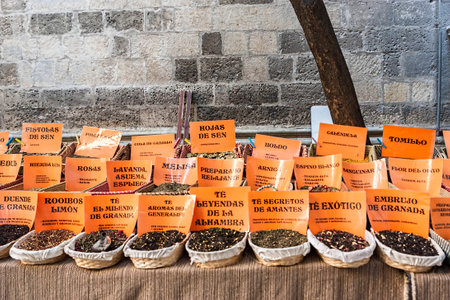 Spices store at popular market in Granada, Andalusia, Spainのeditorial素材