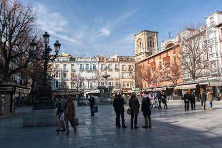 Granada, SPAIN - 16 february 2013   Tourists and locals strolling through the Bibarrambla square mid-afternoon In moorish times, fair and festivals were celebrated here, and then in the times of the Christians had bullfights  Granada  Spainのeditorial素材