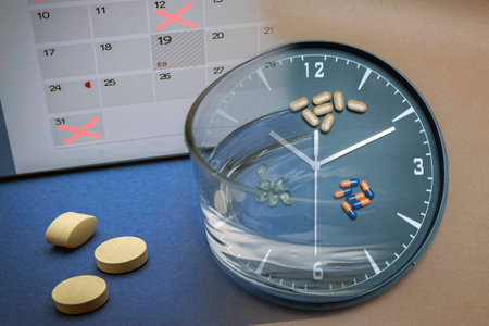concept for Healthcare And Medicine, a clock marks the time of taking medicines