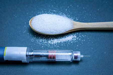 Insulin pen along with a tablespoon of white sugar, hyperglycemia or diabetes disease concept on a...