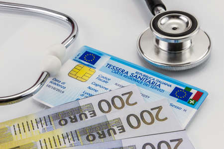 capsules up ticket euro and Italian health insurance card, concept of health copay