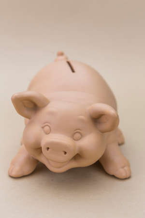 Kids Pink Piggy Bank Looking Forward, Isolated on brown Backgroundの写真素材