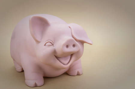 Kids Pink Piggy Bank Looking Forward, Isolated on brown Backgroundの写真素材