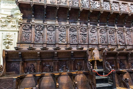 Jaen, Spain - may 2016, 2: The choir is one of the largest in Spain since it consists of 148 seats, was completed in the 18th century, the stalls are of Walnut wood, under the choir are buried numerous bishops, whose tombs are marked by marble tombstones のeditorial素材