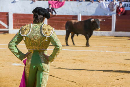 Andujar, Spain - September 12, 2008: The Spanish Bullfighter Sebastian Castella bullfighting with the crutch in the Bullring of Villacarrillo, Spainのeditorial素材