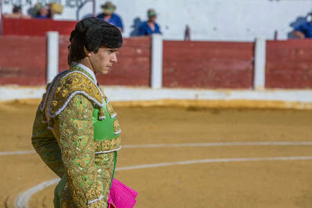 Andujar, Spain - September 12, 2008: The Spanish Bullfighter Sebastian Castella bullfighting with the crutch in the Bullring of Villacarrillo, Spainのeditorial素材