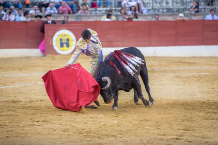 Baeza, Spain - August 15, 2009: The Spanish Bullfighter Sebastian Castella bullfighting with the crutch in the Bullring of Andujar, Spainのeditorial素材
