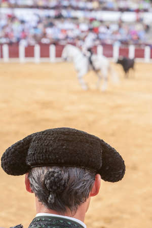 Ubeda, Spain - October 2, 2010: Detail of Pigtail, in the XIX century the bullfighters were left to grow a ponytail that braided in a bun called moÃ±a, vague recollection of the times of the wigs of the XVIII century, in the Bullring of Ubeda, Spainのeditorial素材