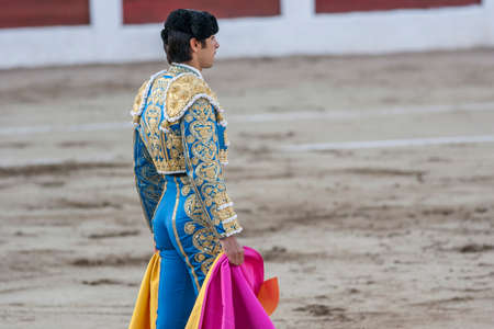 Linares, SPAIN - August 28 2011: The Spanish Bullfighter Miguel Angel Perera bullfighting with the crutch in the Bullring of Linares, Spainのeditorial素材