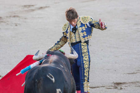 Linares, SPAIN - August 28 2014: The Spanish Bullfighter Juan Jose Padilla bullfighting with the crutch in the Bullring of Linares, Spainのeditorial素材
