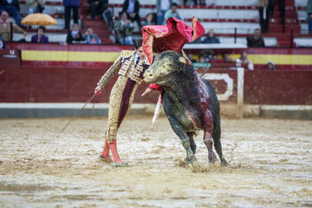 Jaen, SPAIN - October 18, 2008: The Spanish Bullfighter Sebastian Castella during a rainy afternoon bullfighting with the crutch in the Bullring of Jaen, Spainのeditorial素材