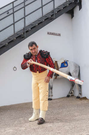 Pozoblanco, Spain - September 23, 2011: Picador trying the lances in the Bullring of Pozoblanco, Spainのeditorial素材