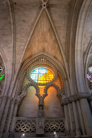 CUENCA, SPAIN - August 24, 2016: Detail of stained glass window and Nave Ceiling in the interior of the Cathedral of Our Lady of Grace and Saint Julian of Cuenca. Castilla-La Mancha, Spainのeditorial素材