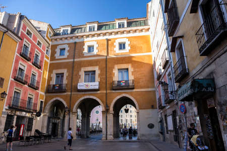 typical houses construction in the old town of the city of Cuenca, fronts painted with living colors, Cuenca, Spainのeditorial素材