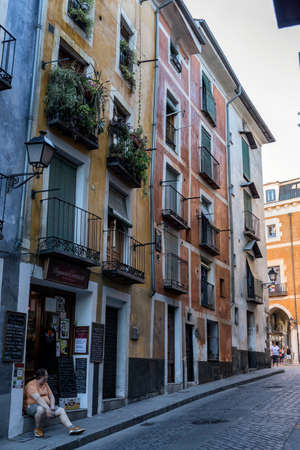 typical houses construction in the old town of the city of Cuenca, fronts painted with living colors, Cuenca, Spainのeditorial素材